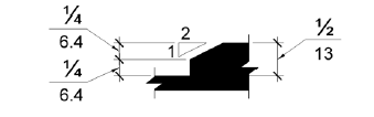 Elevation drawing of a change in level 1/4 to 2 inches (6.4 - 13 mm) high that is beveled with a slope of 1:2.