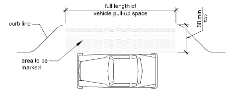 An access aisle at a passenger loading zone is shown to be the full length of the vehicle pull-up space and 60 inches (1525 mm) wide minimum.  The aisle area is to be marked.